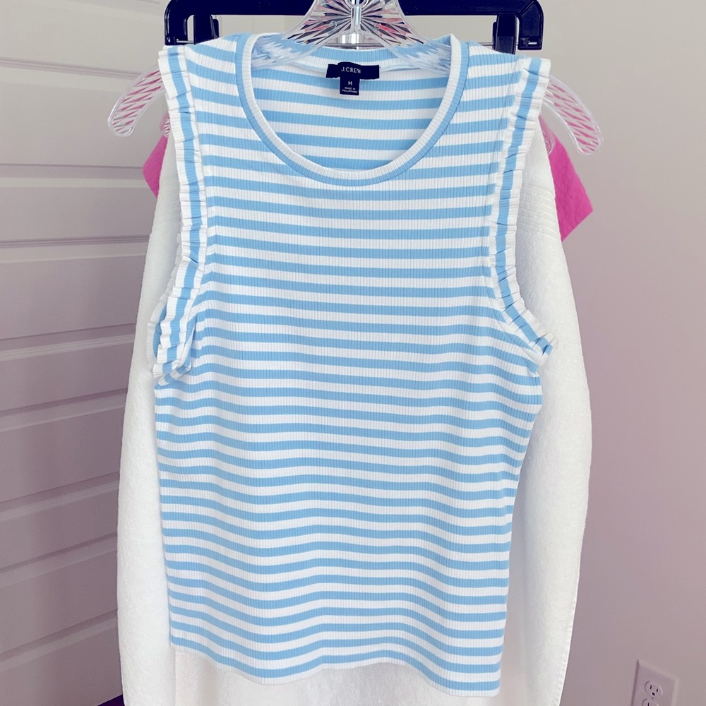J. Crew Blue and White Fitted Ribbed Top with Ruffled Armholes
